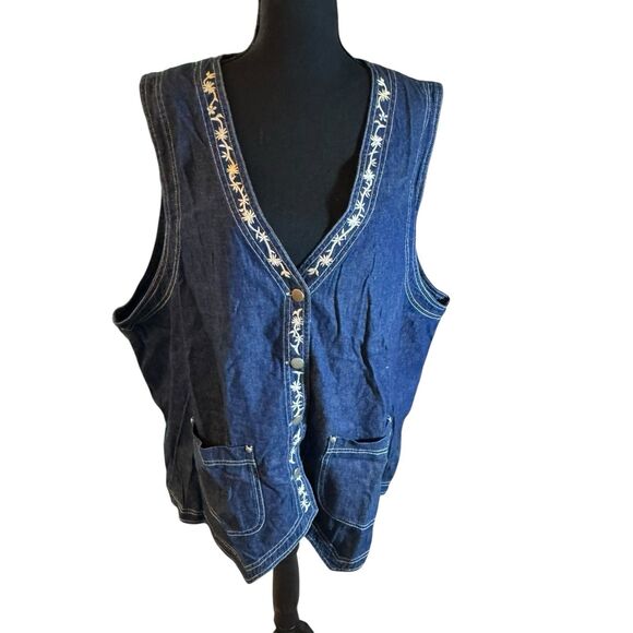 Vintage Carole Little Plus 22w Blue Sleeveless V Neck Embroidery Vest Floral - Picture 1 of 12